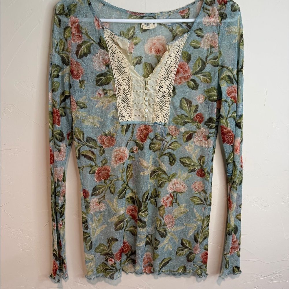 Vintage  Ralph Lauren Blue Floral Lace Blouse